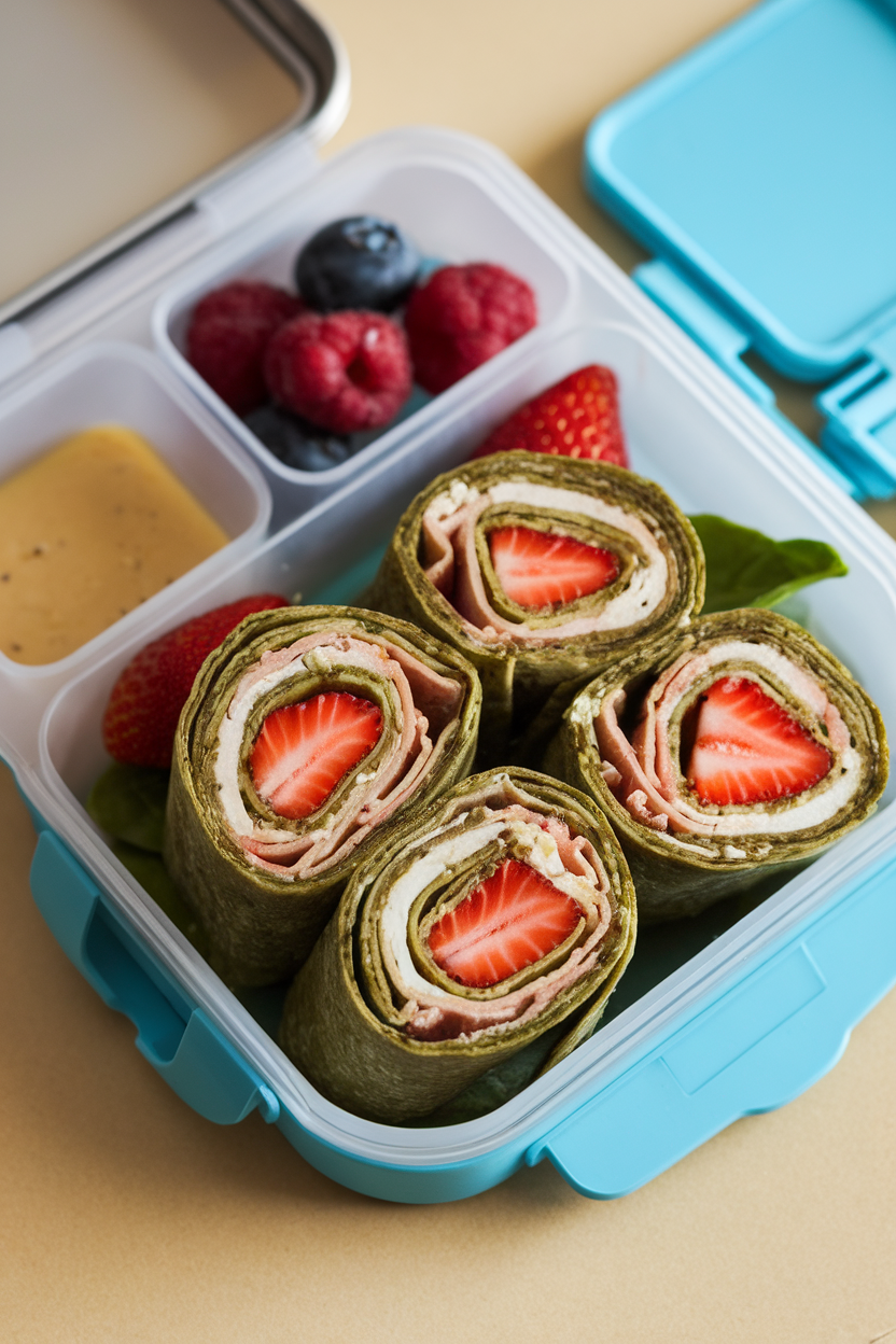 Indoor lunchbox scene showing pinwheel slices of spinach tortillas rolled with fresh strawberries, turkey, and cream cheese. No text or logos.