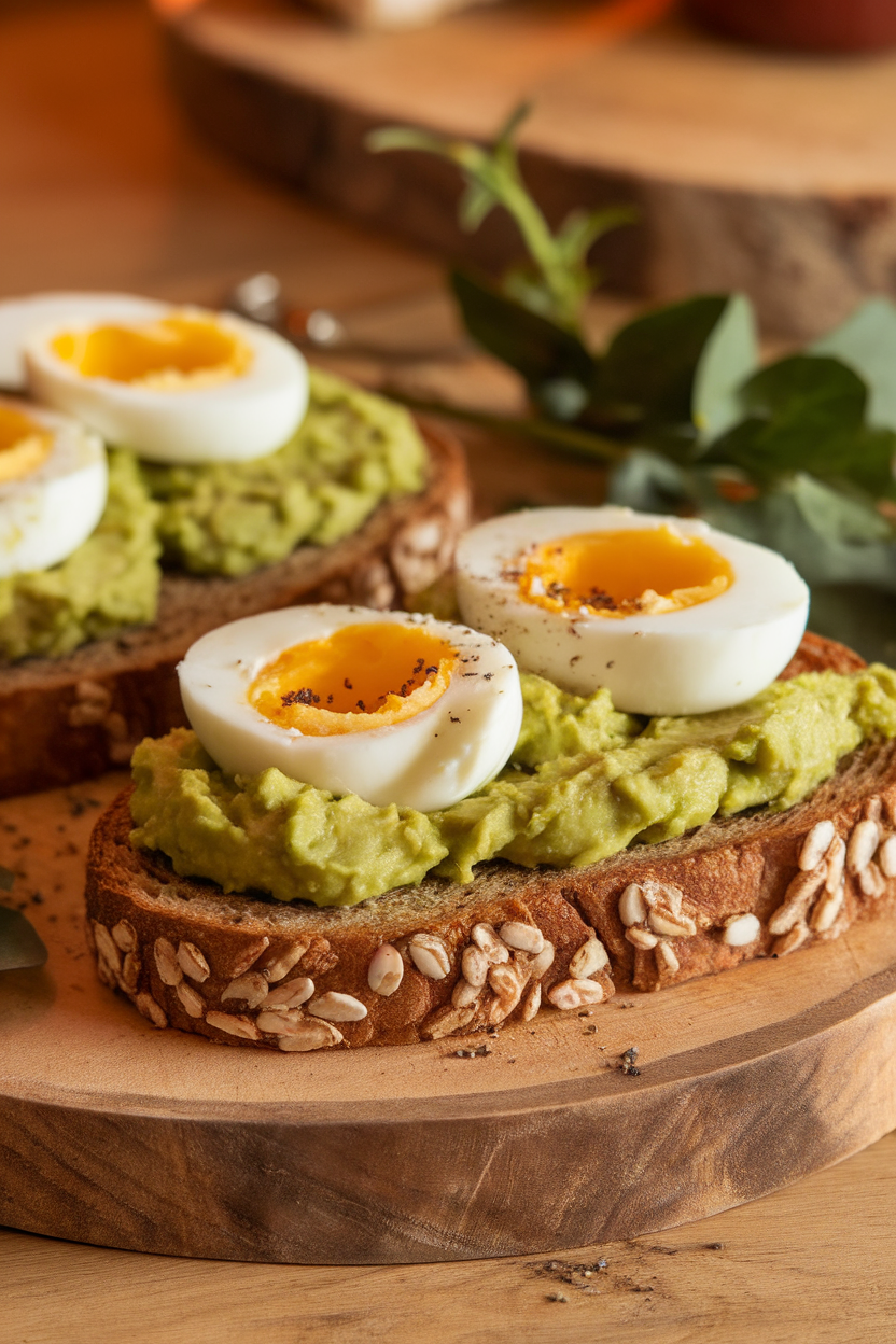 Photo of whole-grain toast cut into strips, topped with mashed avocado and sliced soft-boiled egg, indoors. No text or logos. Photo, not illustration.