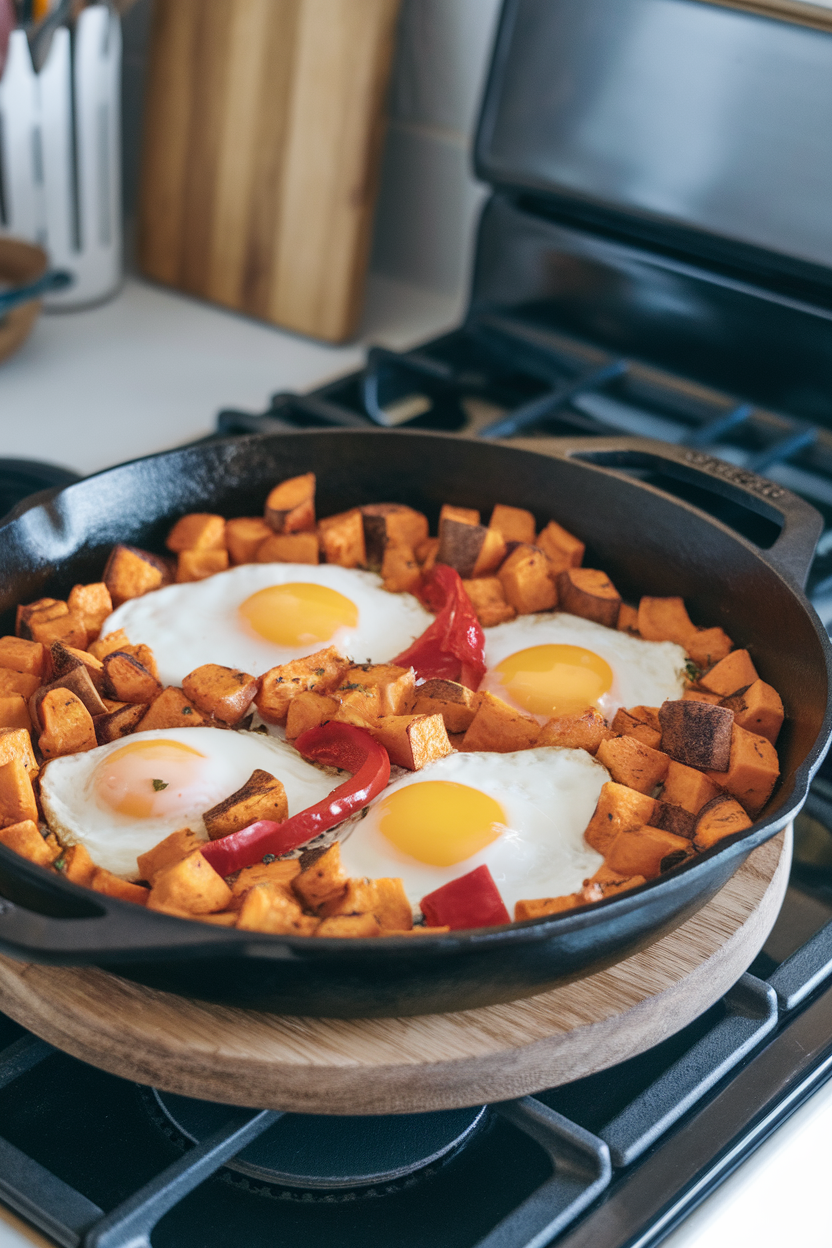 A cast-iron skillet on an indoor stovetop filled with diced roasted sweet potatoes, red peppers, and sunny-side eggs nestled on top; soft kitchen lighting, no text or logos, photo not illustration.