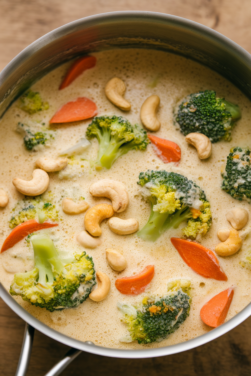 Indoor photo of a saucepan filled with creamy coconut curry dotted with broccoli, carrots, and cashews; no text or logos.