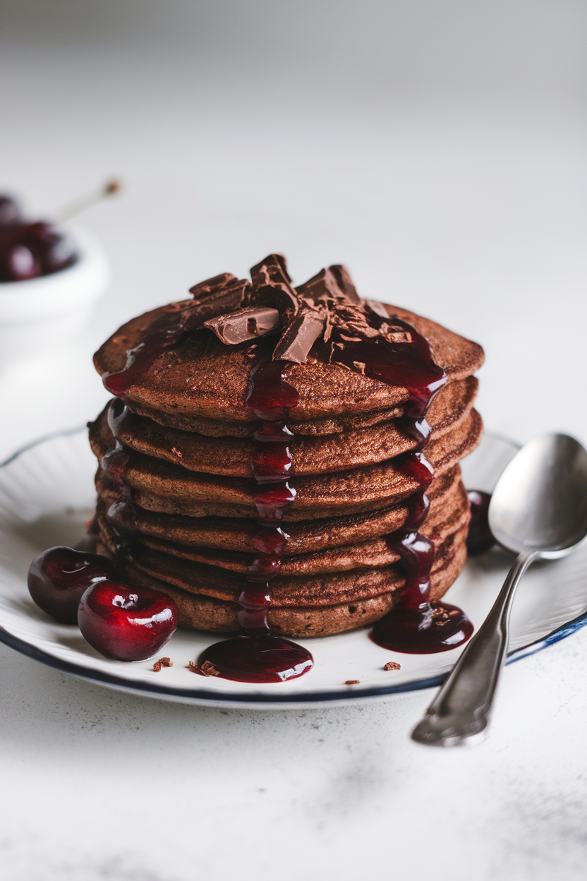 Indoor photo of deep brown buckwheat pancakes with chocolate shavings and a drizzle of warm cherry compote; no text or logos.