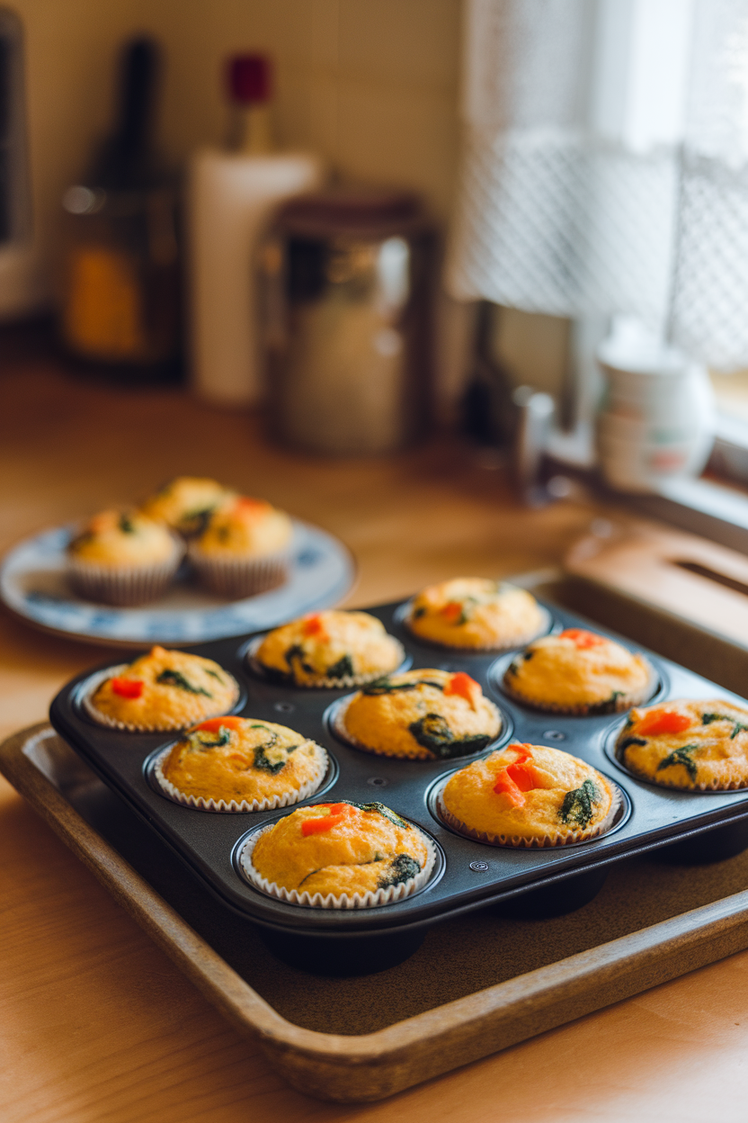 A warm indoor kitchen table with a non-stick muffin tin filled with golden egg muffins studded with spinach and bell pepper pieces. No text or logos present.