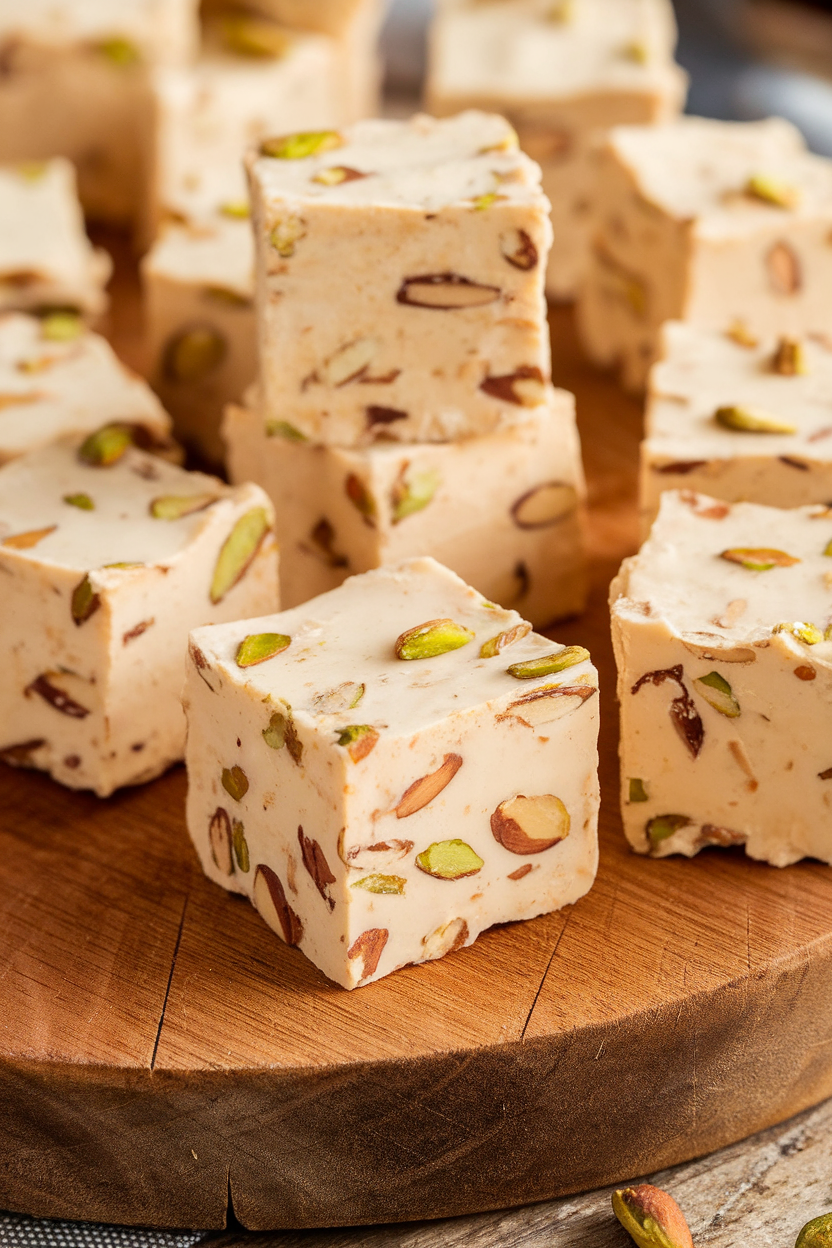 Indoor shot of vanilla nougat cubes studded with almonds and pistachios on a wooden board, no text or logos