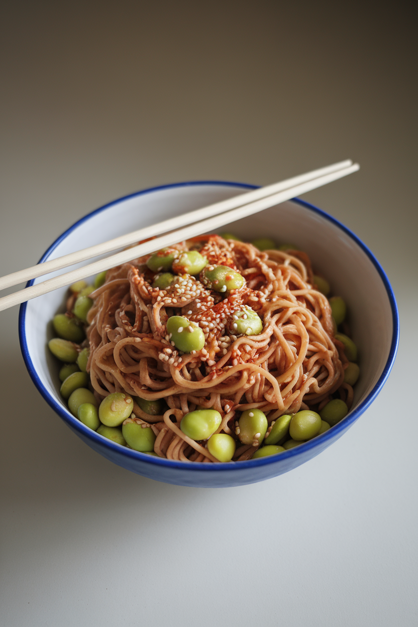 Photo of an indoor bowl of whole-wheat noodles tossed with shelled edamame, sesame seeds, and a red chili sauce, chopsticks resting on the rim without logos.