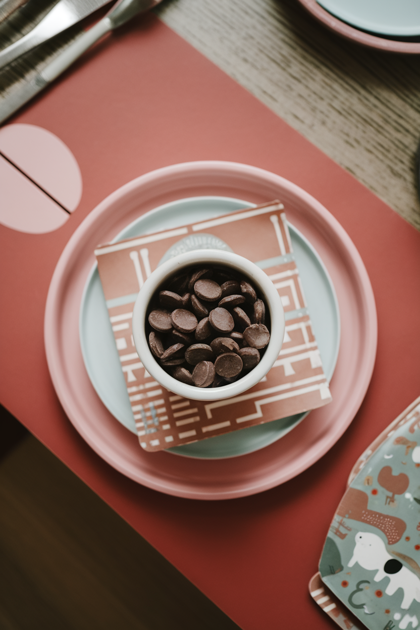 Indoor photo of a tiny ramekin holding a few chocolate chips on a child’s placemat, overhead view, no text or logos
