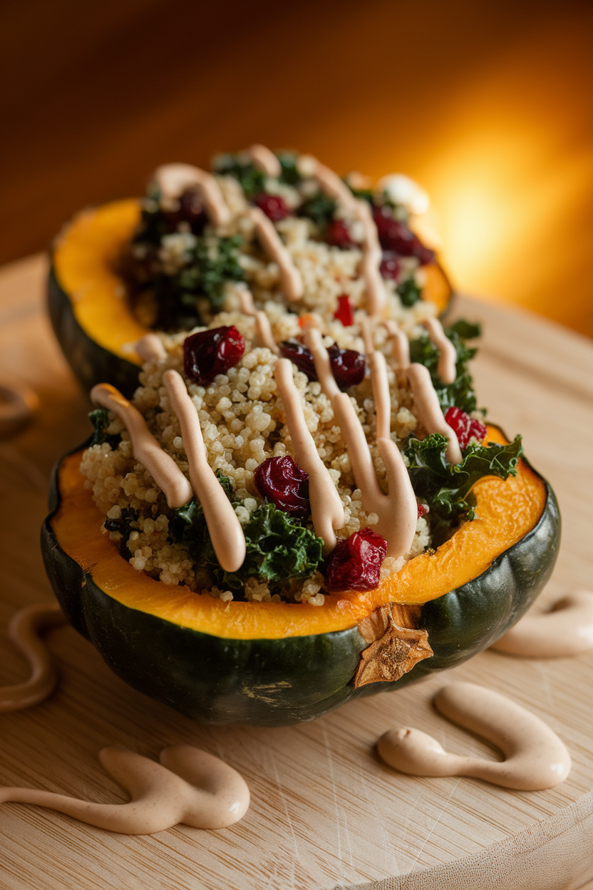 Indoors, an acorn squash half roasted until caramelized, overflowing with quinoa, cranberries, and kale, drizzled with tahini sauce. Warm lighting, no branding. Photo.