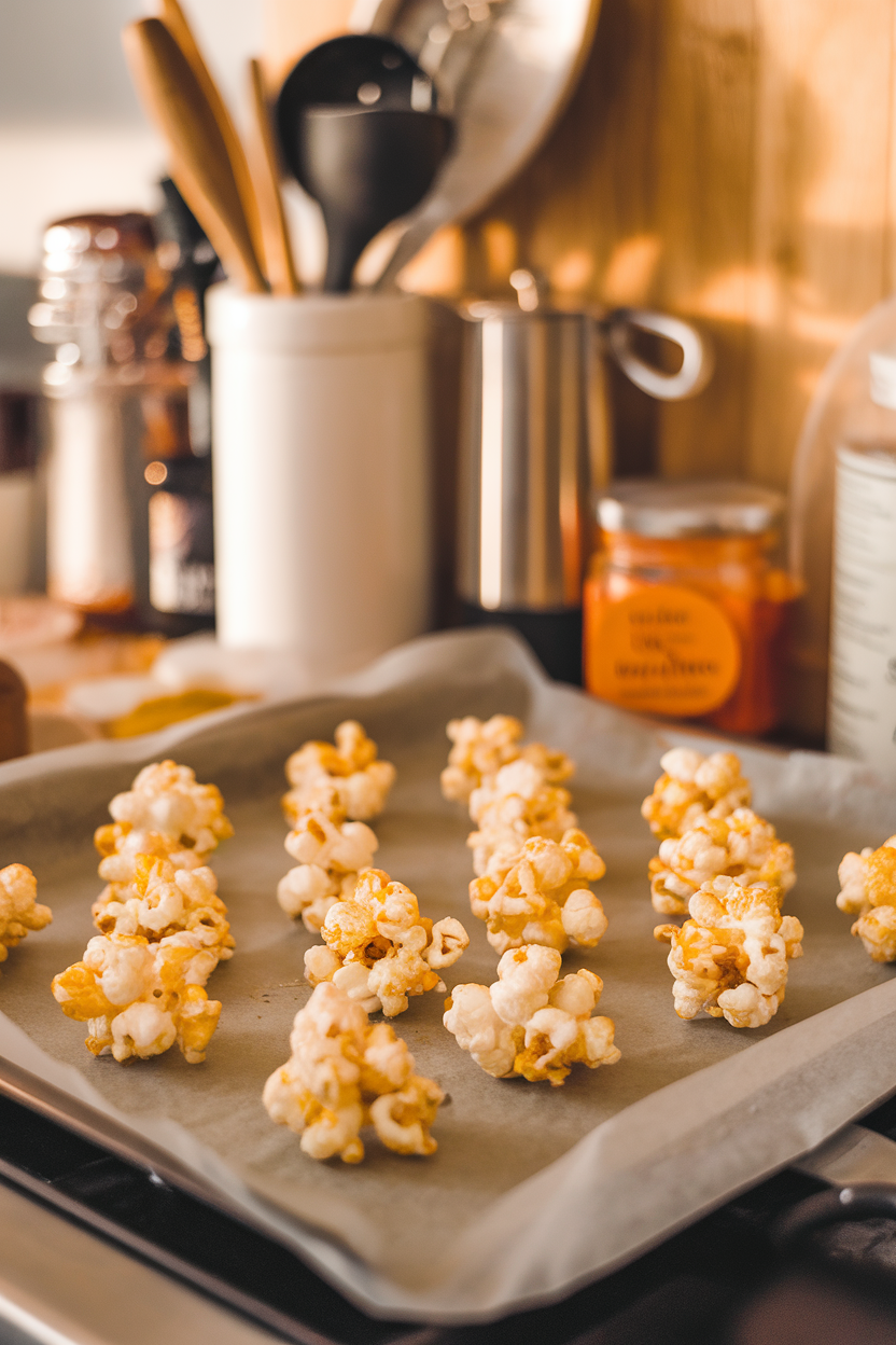 An indoor kitchen scene with small popcorn balls infused with orange spice, arranged on parchment—no text or logos; photo, not illustration