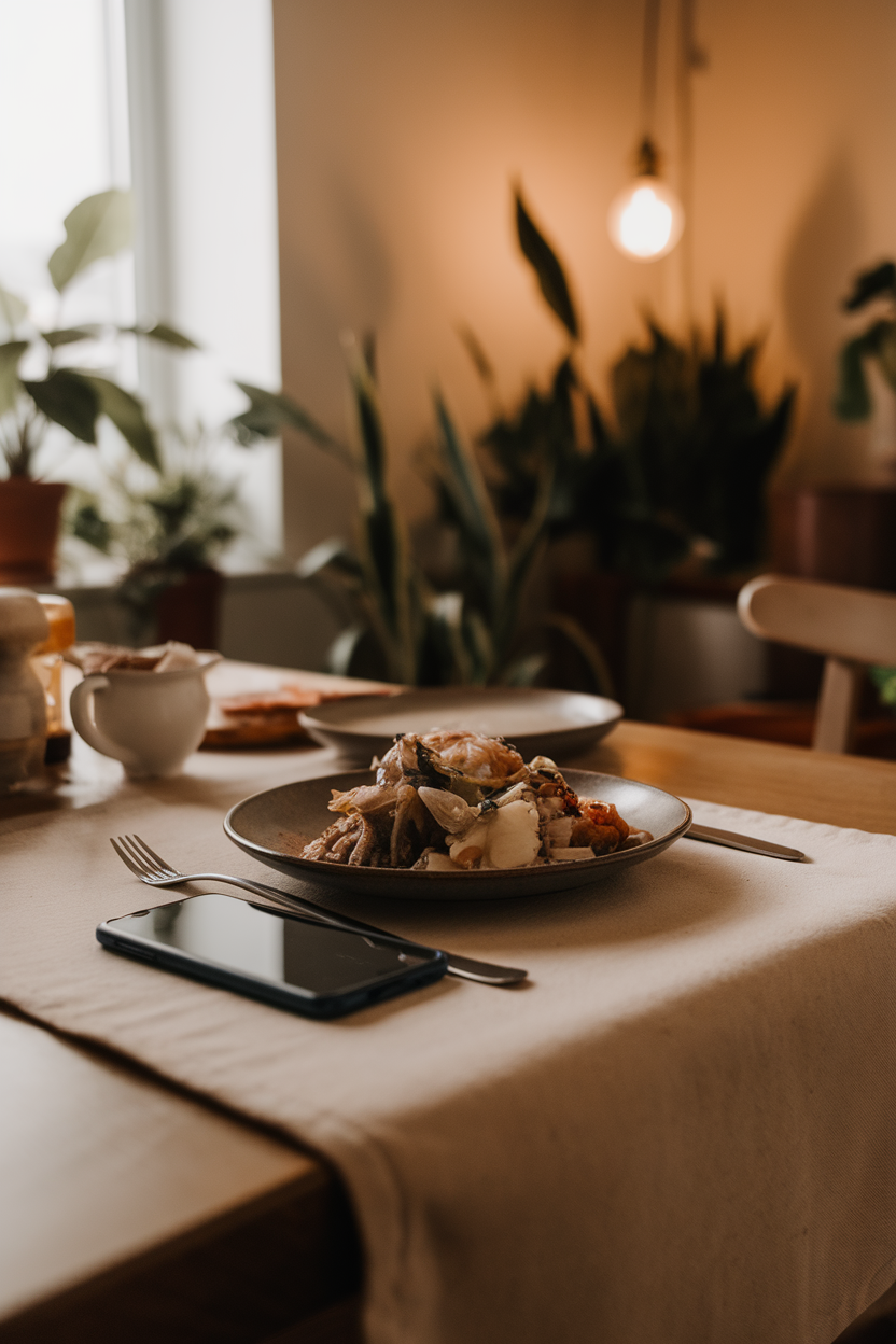A dining table with a turned-off smartphone face-down next to a plate of food, warm indoor lighting creating a calm ambiance. No text or logos.