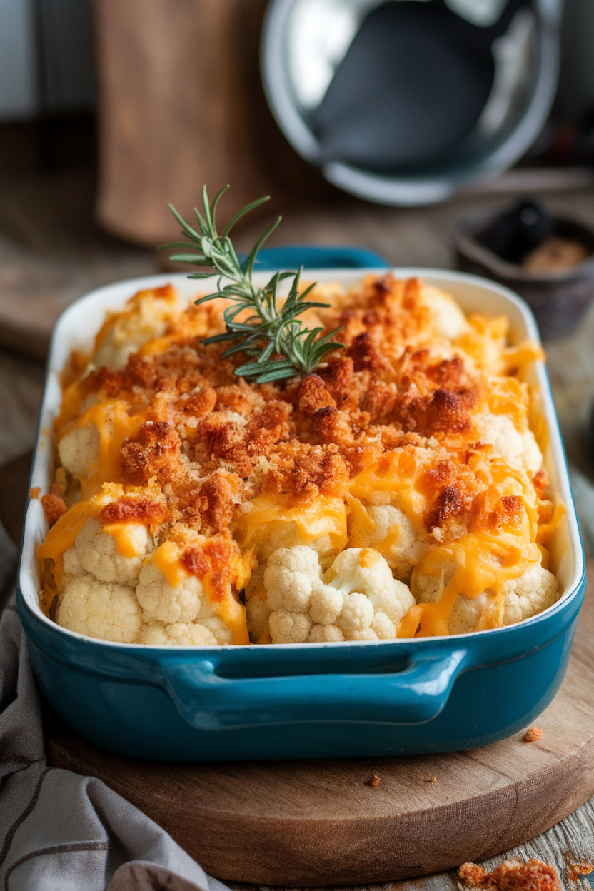 An indoor casserole dish of bubbling cauliflower florets cloaked in cheese sauce, breadcrumbs browned on top. No text or logos present.