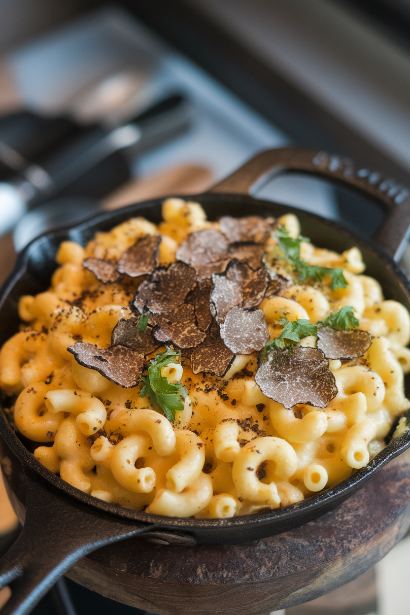 Indoor photo of gourmet mac and cheese sprinkled with truffle shavings and parsley in a small skillet, no text or logos