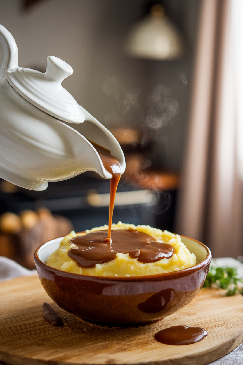 A gravy boat indoors pouring deep brown mushroom gravy onto mashed potatoes, steam visible. No text or logos. Photo.