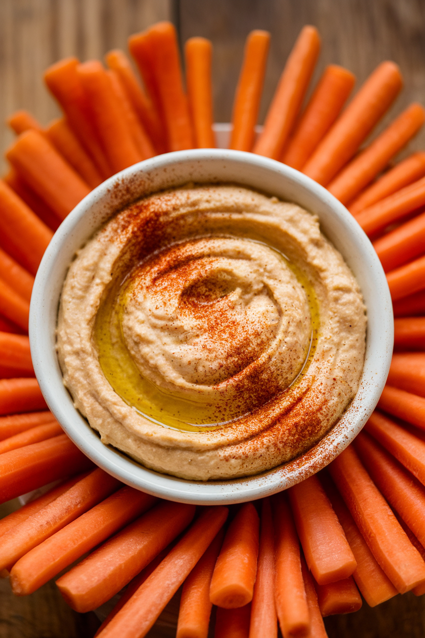 A small indoor bowl of creamy hummus drizzled with olive oil and sprinkled with paprika, surrounded by carrot sticks; no text or logos.