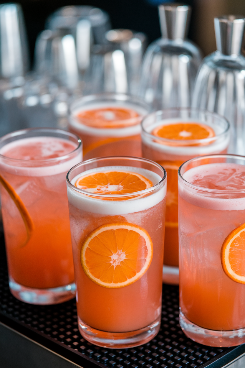 Indoor bar top featuring highball glasses of pinkish blood orange gin fizz with frothy tops and thin orange wheels; no text or logos