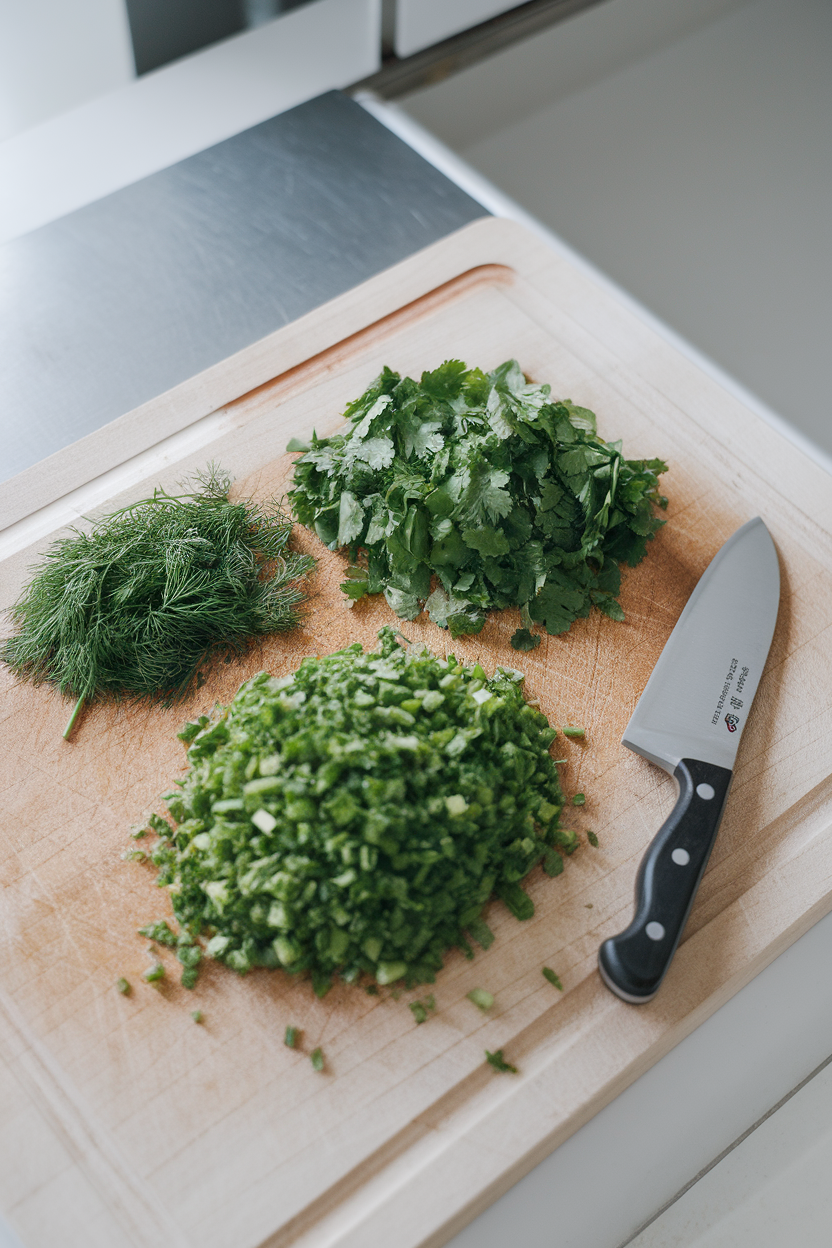 An indoor cutting board scattered with chopped parsley, cilantro, and dill next to a small chef’s knife. No labels or logos. Photo.