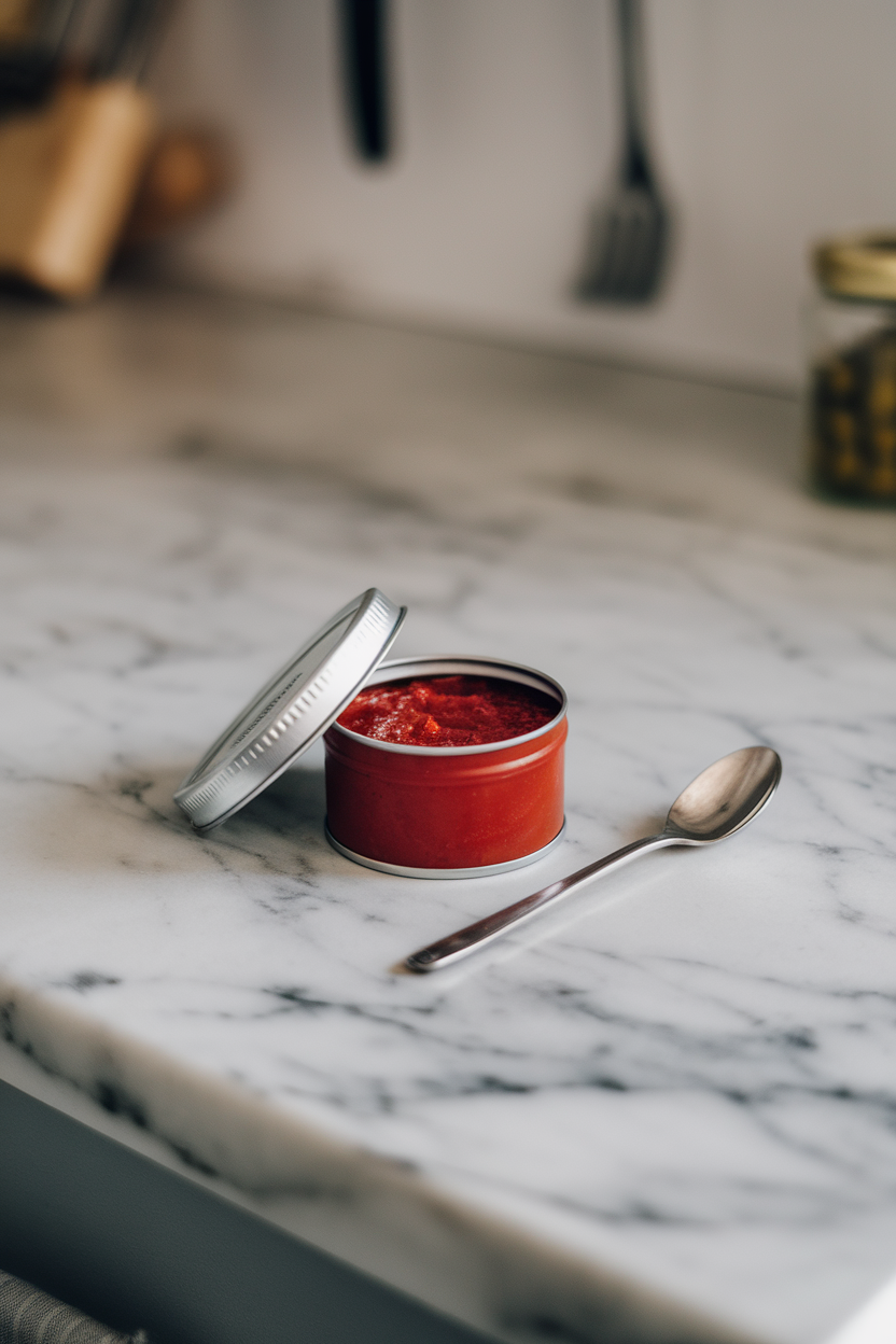A small open tin of deep red tomato paste on a marble countertop indoors, a teaspoon resting beside the tin; no text or logos, photo.