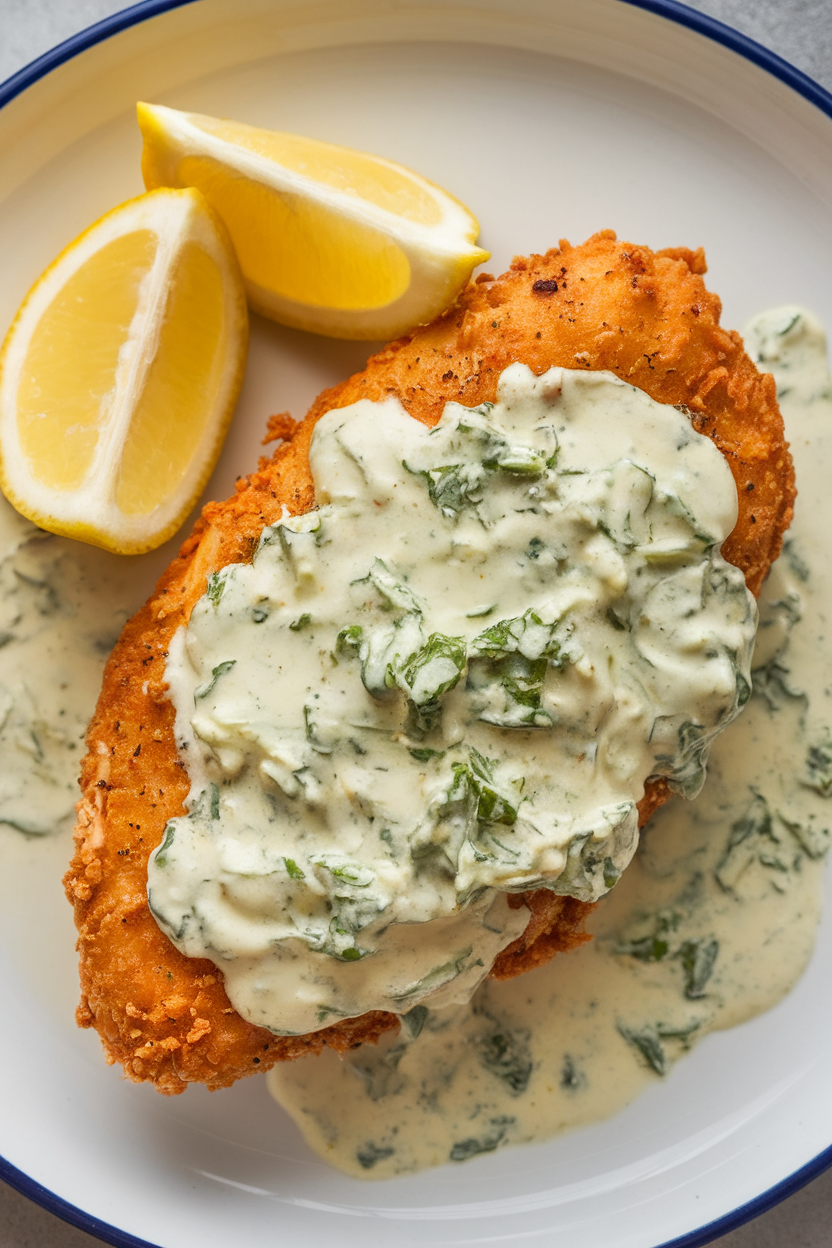 Indoor plate showing air-fried chicken breast with a creamy yogurt herb coating, lemon wedges nearby, captured at 45-degree angle. No text or logos.