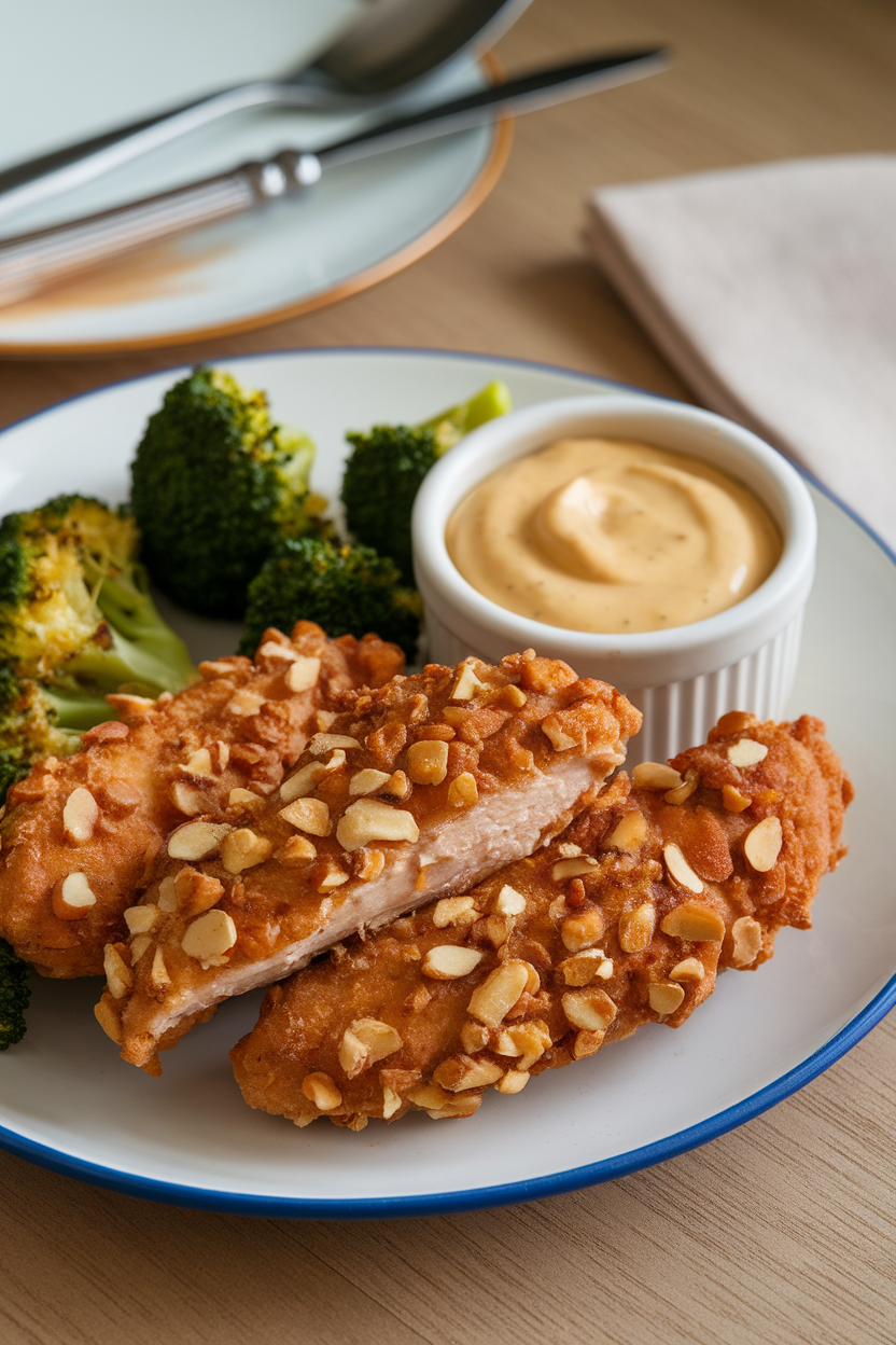 Indoor dinner plate with three almond-crusted chicken tenders and roasted broccoli florets, honey mustard dip on side. No text or logos.