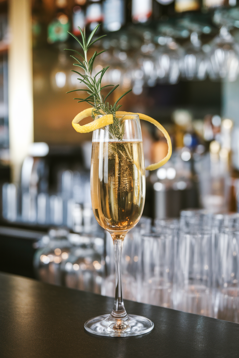 An indoor bar counter with a flute of golden Champagne and a rosemary sprig standing tall inside, lemon twist wrapped around the stem. Photo, not illustration. No text or logos.