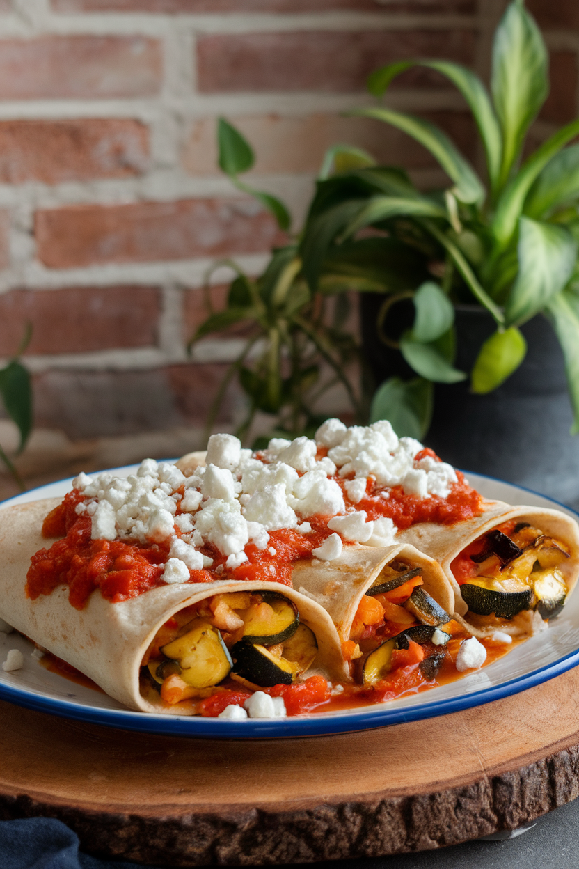 Indoor shot of tortillas packed with fire-roasted zucchini, peppers, and onions, topped with crumbled goat cheese and tomato sauce, no logos.