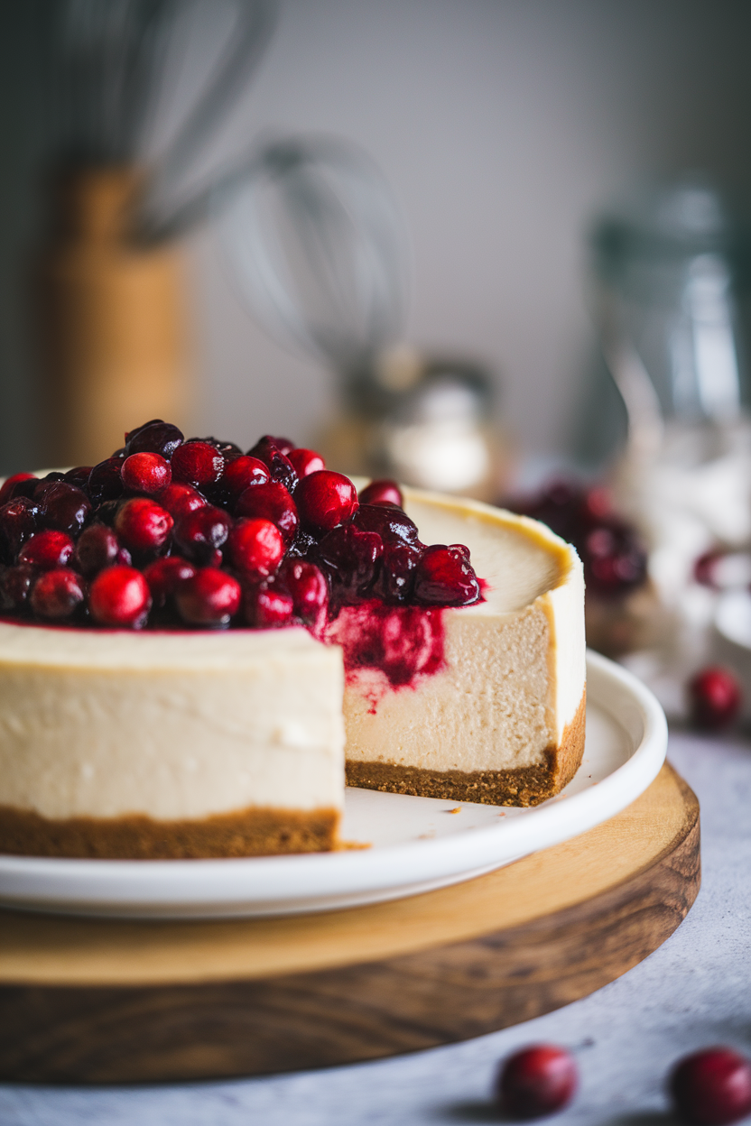 Indoor photo of smooth cheesecake topped with ruby cranberry compote, clean slice shown, no text or logos.