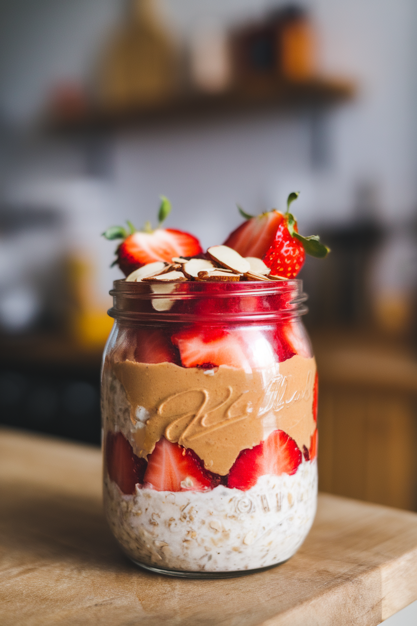 Indoor jar photo of overnight oats layered with peanut butter and strawberry purée, no text or logos.
