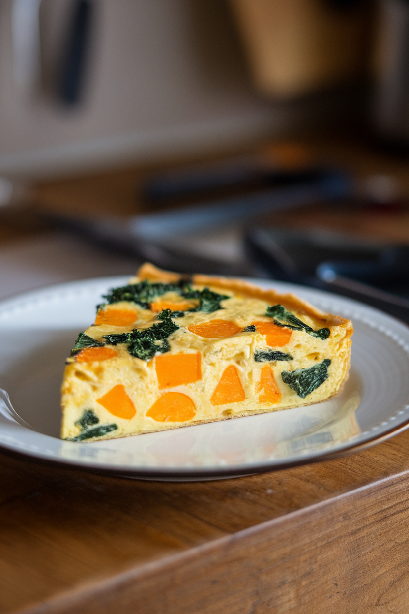 Photo of an indoor slice of frittata showing orange squash cubes and green kale ribbons in a golden egg base, served on a white plate. No text or logos visible.