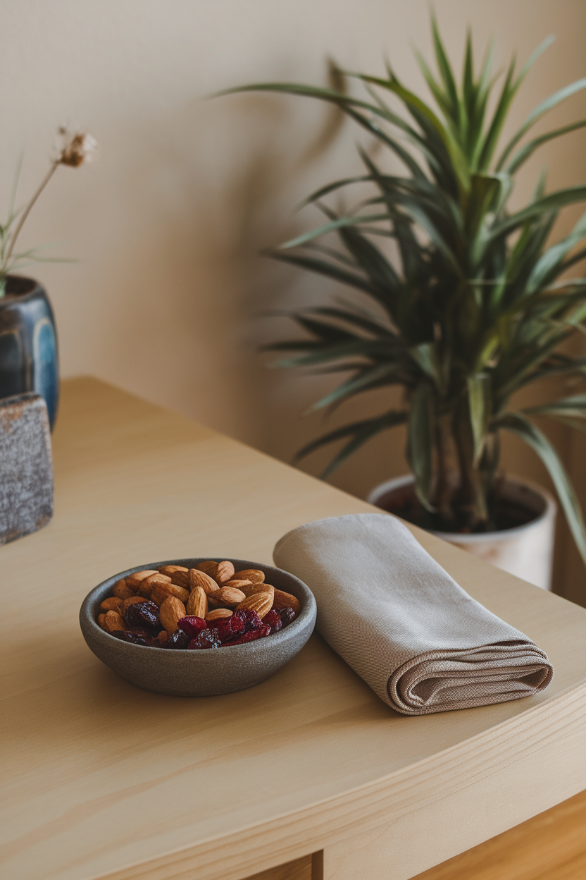 Photo of an indoor table holding a small bowl of almonds and dried cranberries beside a neatly folded napkin, no text or logos.