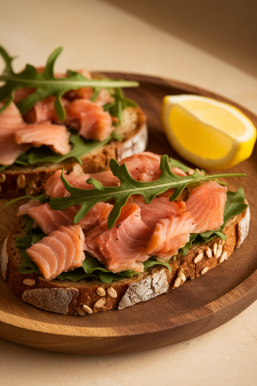 Indoor photo of whole-grain toast topped with cooked smoked trout flakes and arugula leaves, lemon wedge on the side, no text or logos.