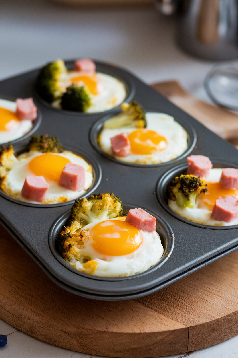 An indoor muffin tin showcasing egg cups with broccoli florets and ham cubes, cheese melted on top. Photo, no text or logos.