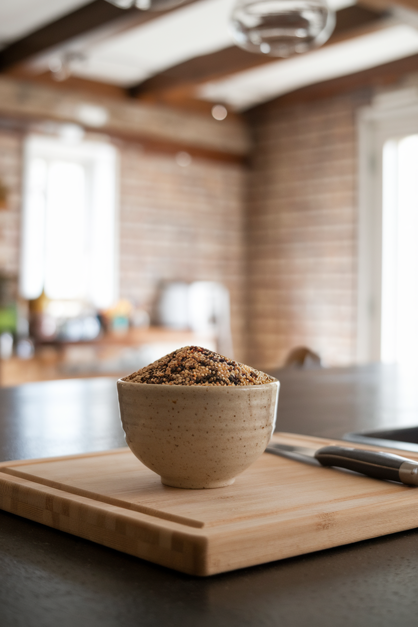 Indoor photo of a small ceramic bowl filled with uncooked tri-color quinoa grains on a kitchen island; soft daylight, no text or logos