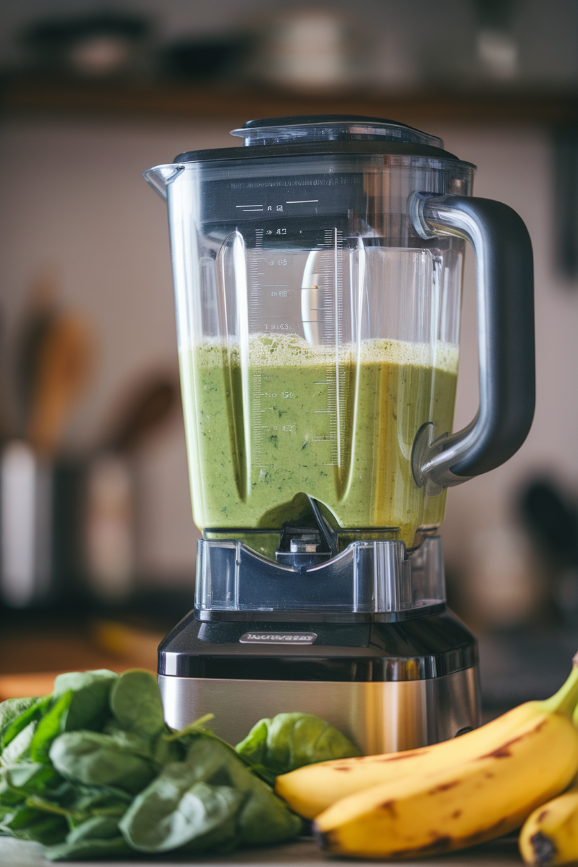 Indoor photo of a high-speed blender mid-blend, green smoothie swirling, fresh spinach and bananas nearby, no brand markings.