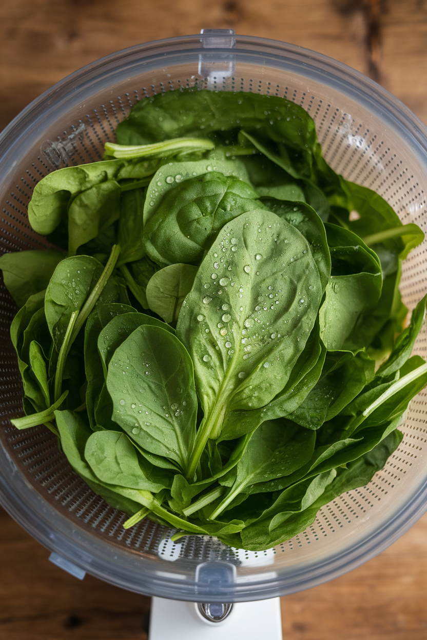 An indoor salad spinner bowl filled with freshly washed baby spinach leaves, moisture droplets visible, no text or logos.