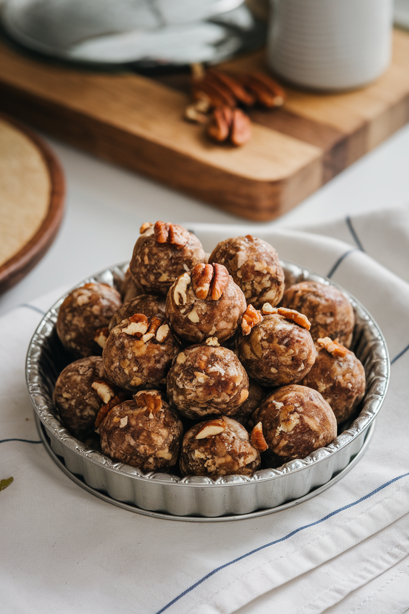 Photo of an indoor table showing maple pecan energy balls on a pie-tin style plate, crushed pecans dusted on top. No text or logos.