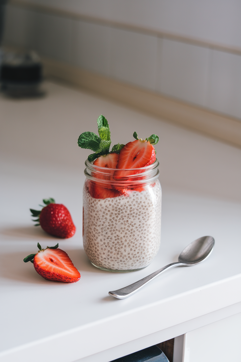 Indoor countertop with a small mason jar of vanilla chia pudding topped with sliced strawberries and mint; no text or logos, photo style.