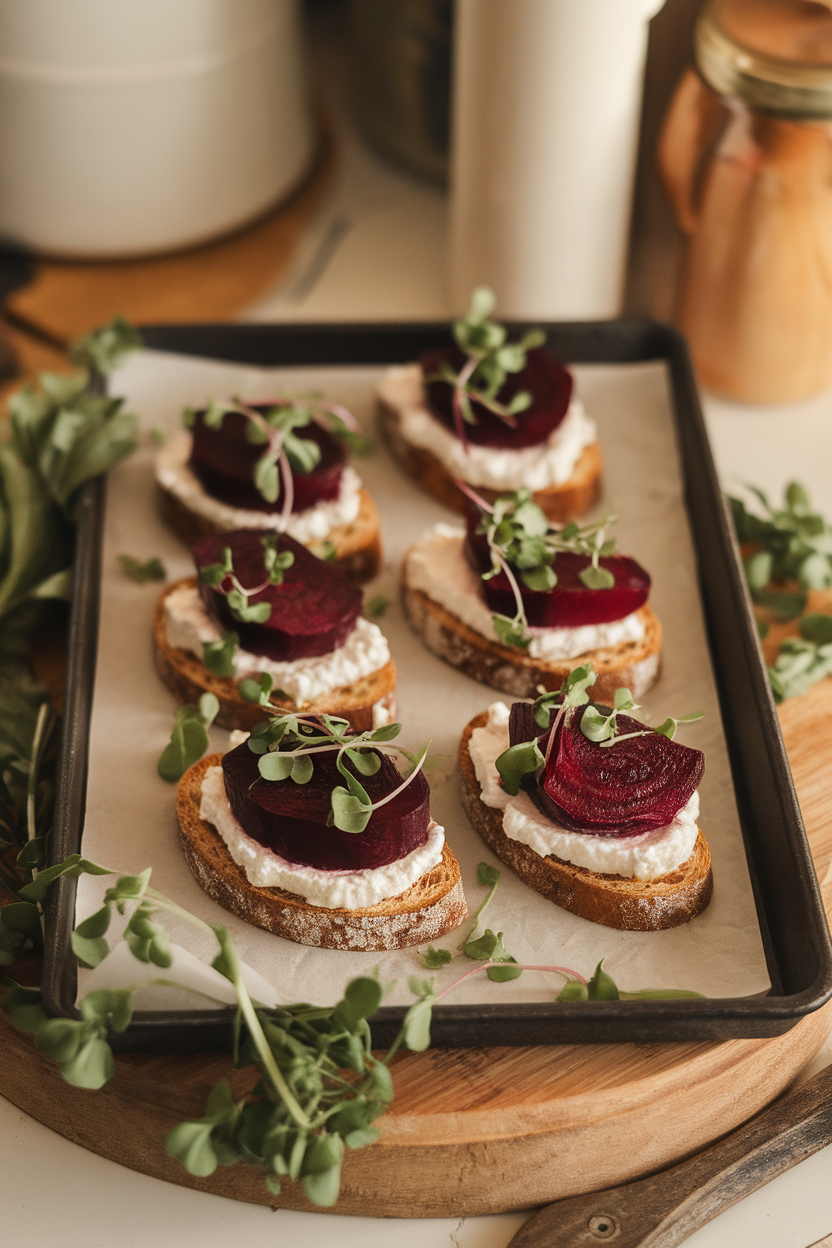 An indoor tray holding whole-grain crostini topped with roasted beet slices, creamy goat cheese, and microgreens. Overhead warm light; no text or logos visible.