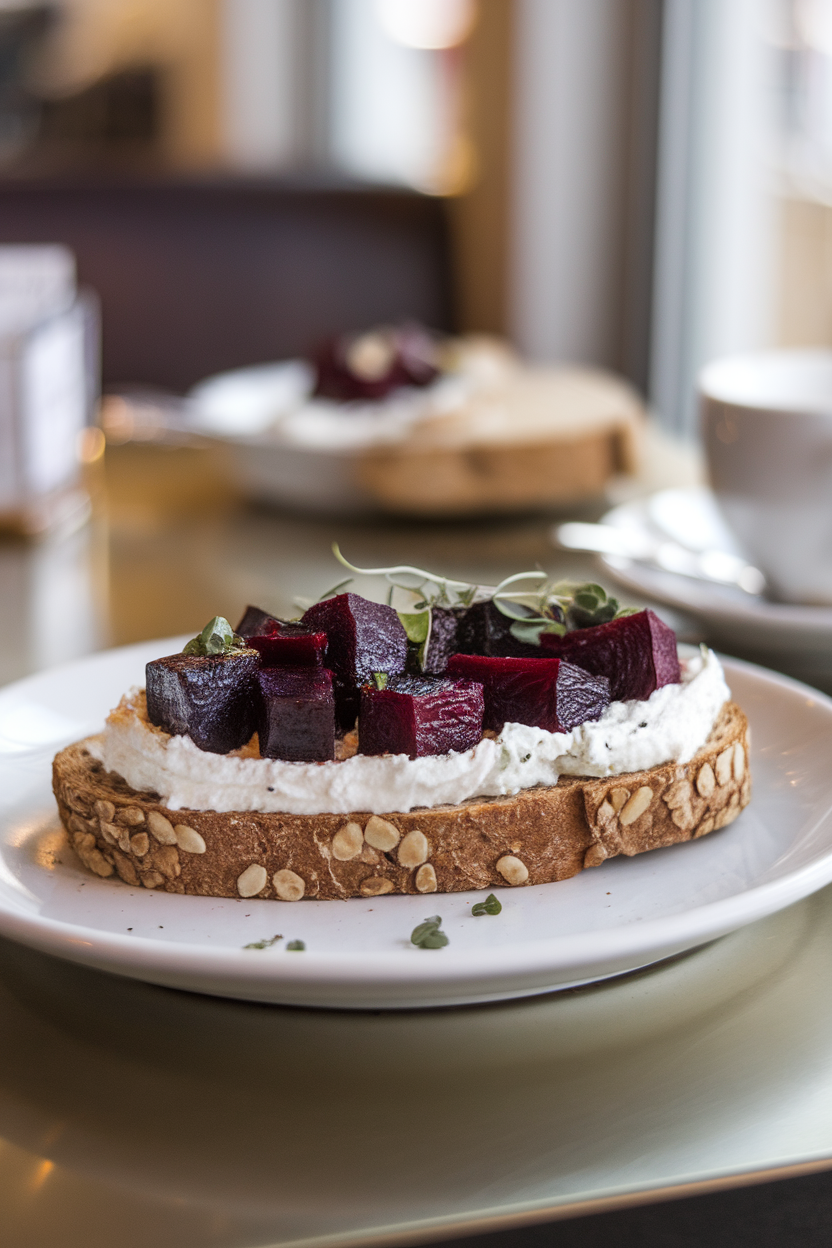A slice of whole-grain toast on an indoor café table spread with whipped goat cheese and topped with roasted beet cubes; no text or logos.