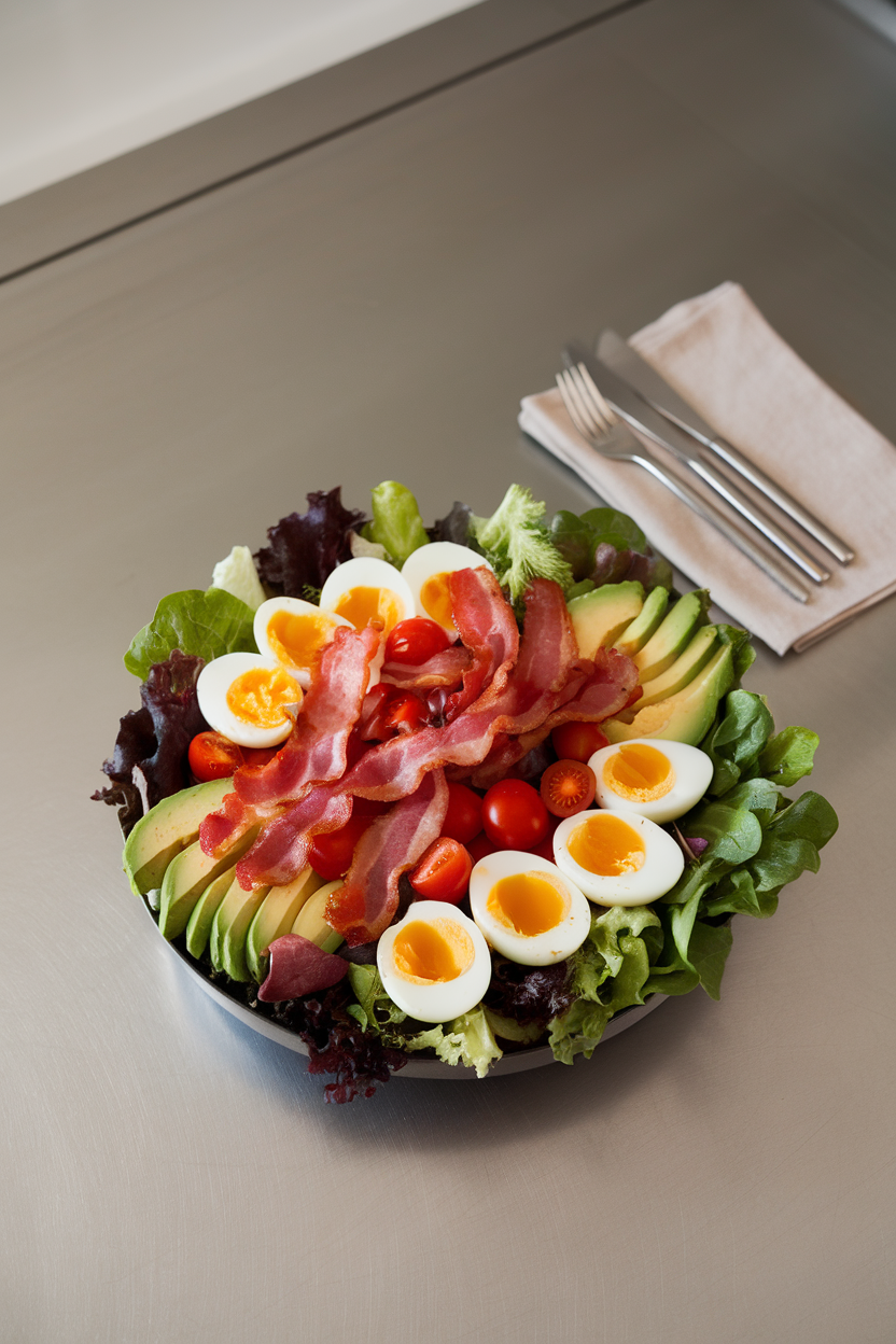 Indoor wide bowl of mixed greens topped with crispy turkey bacon, sliced avocado, cherry tomatoes, and soft-boiled eggs. No text or logos present.