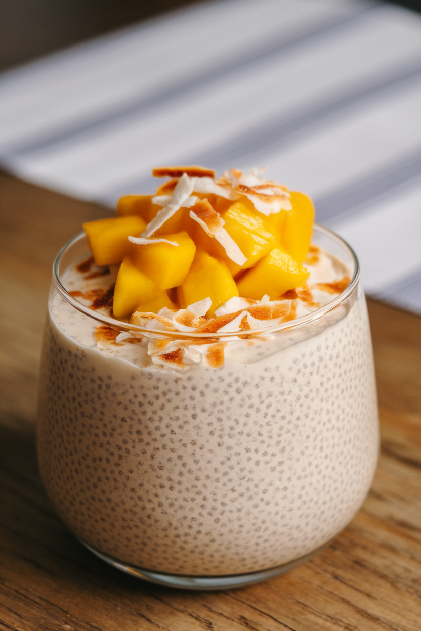 An indoor tabletop shot of a glass filled with coconut milk chia pudding topped with diced mango and a sprinkling of toasted coconut flakes; no text or logos present.