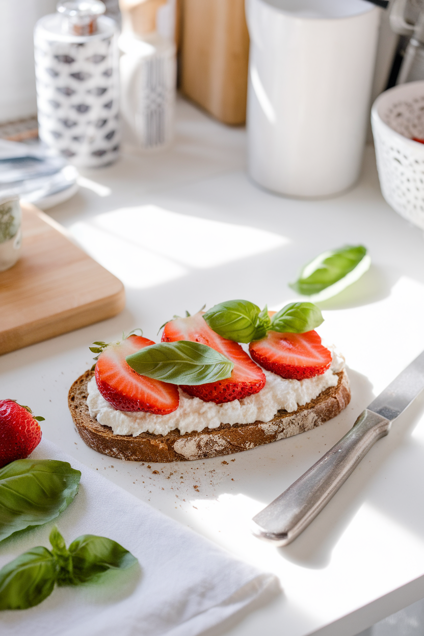 A brightly lit indoor kitchen table with a slice of rye bread spread with cottage cheese, topped with sliced strawberries and torn basil leaves. No text or logos.