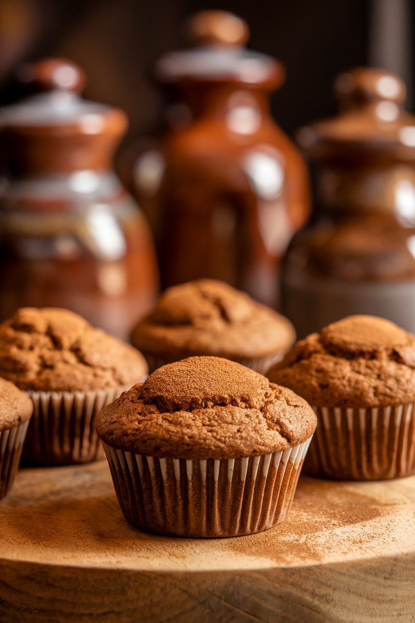 Indoor photo of chai spice muffins with a dusting of cinnamon, ceramic spice jars blurred in background, no text or logos