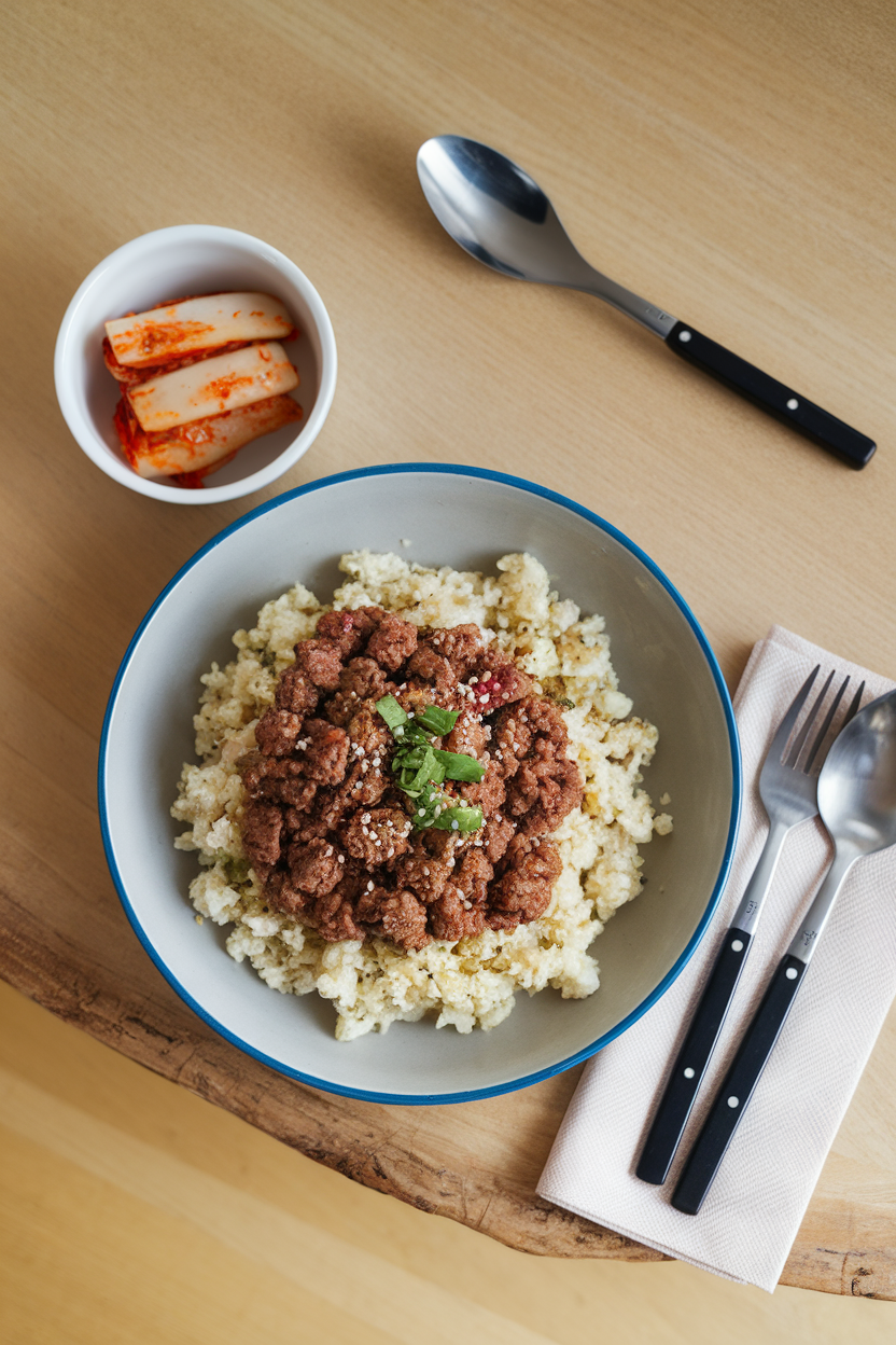 Indoor plate of seasoned ground beef atop cauliflower rice with kimchi on the side, overhead shot. No text or logos.
