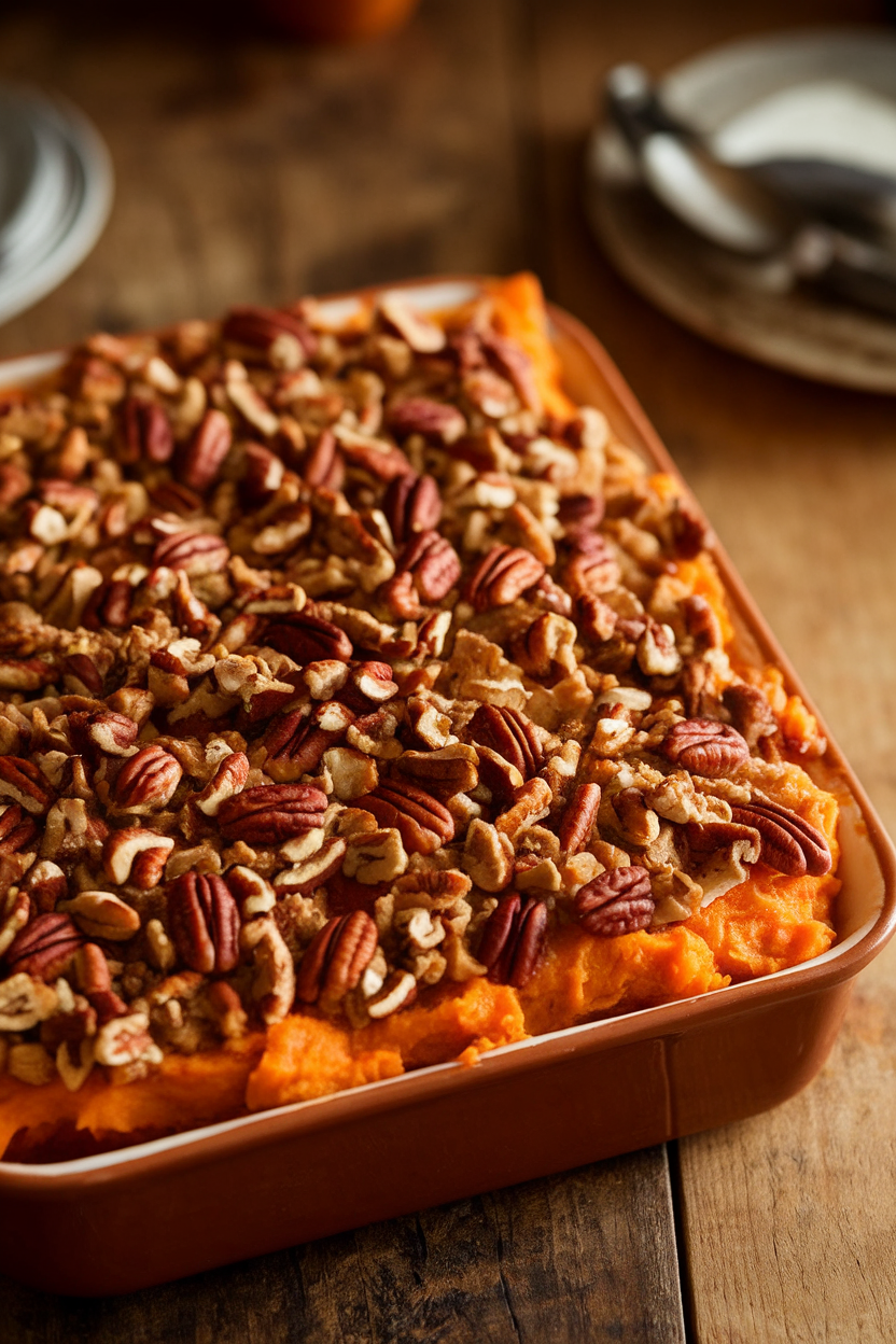 Warm indoor photo of a rectangular baking dish showing mashed sweet potatoes topped with pecan streusel, edges slightly caramelized. No text or logos.