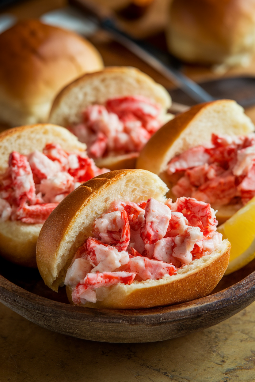 Indoor tabletop photo of three butter-toasted split-top buns overflowing with chilled, dressed lobster meat and a squeeze of lemon; soft evening lighting, no text or logos