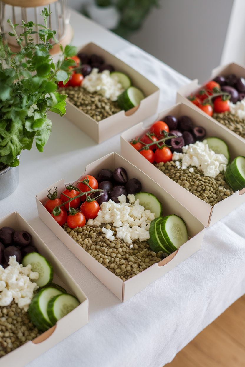 Indoor table showing meal prep boxes with green lentils, cherry tomatoes, cucumbers, olives, and feta crumble. No text or logos present.