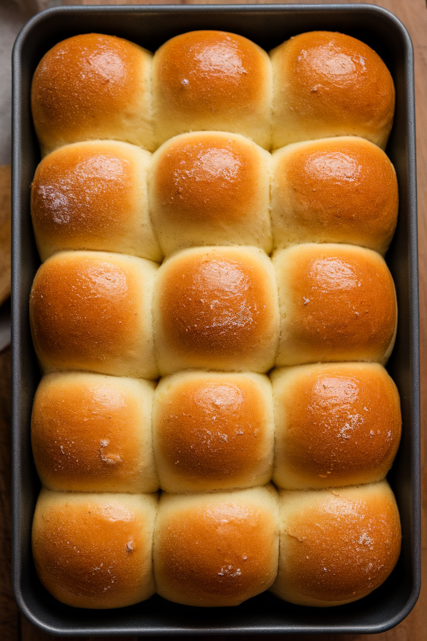 Indoor shot of golden Parker House rolls layered in a baking pan, brushed with butter, no text or logos.