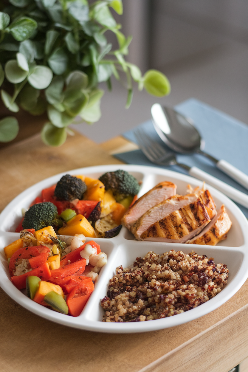Indoor dinner plate clearly divided: half roasted mixed veggies, quarter grilled chicken, quarter quinoa, no text or logos. Photo.