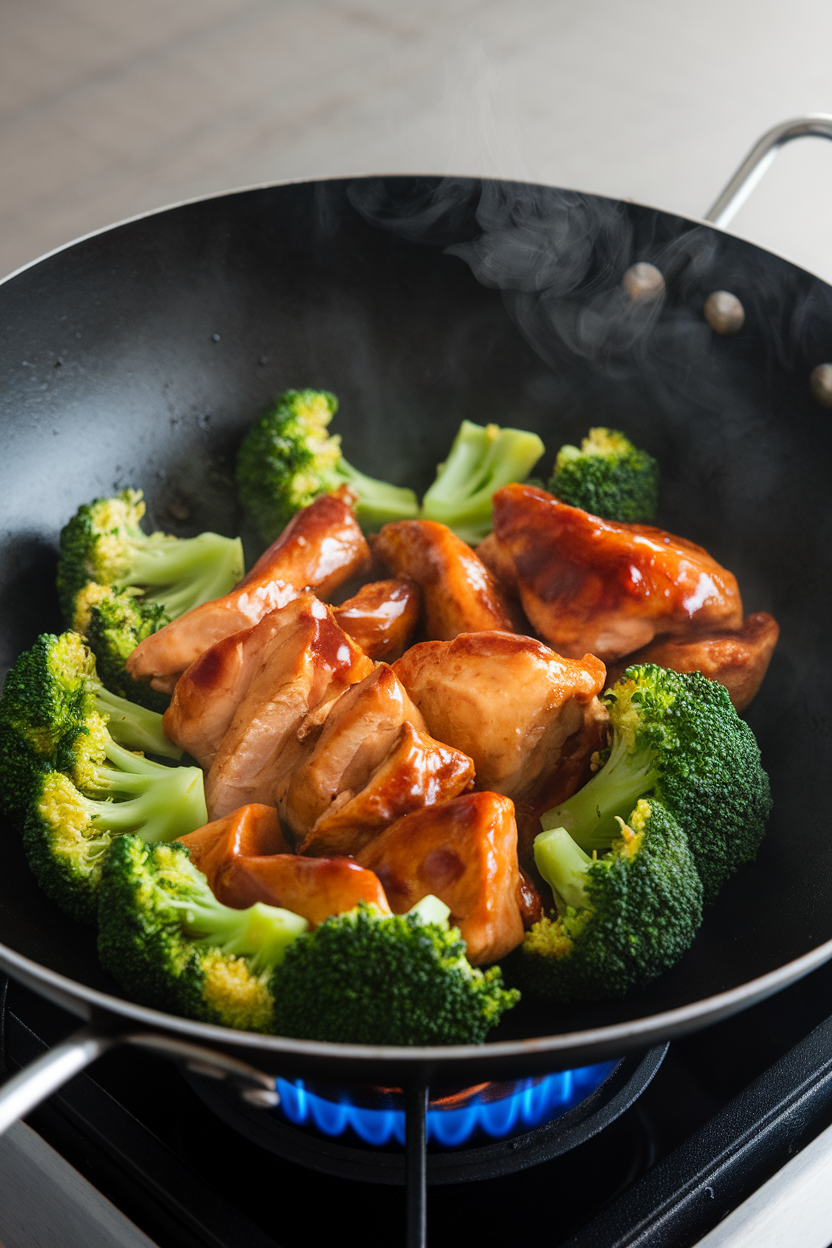An indoor wok with glossy teriyaki chicken pieces and bright green broccoli florets over low flame; steam wafting, no text or logos, photo not illustration.