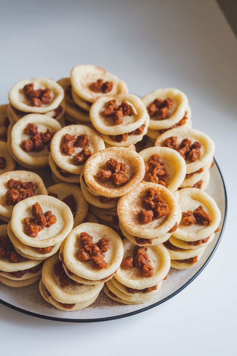 Indoor photo of small round pancakes with bits of traditional mincemeat, arranged in a festive circle; no text or logos.