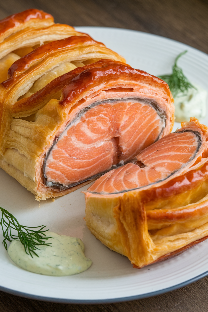 Indoor photo of puff-pastry wrapped cooked salmon sliced open, creamy dill sauce drizzled nearby, no text or logos.