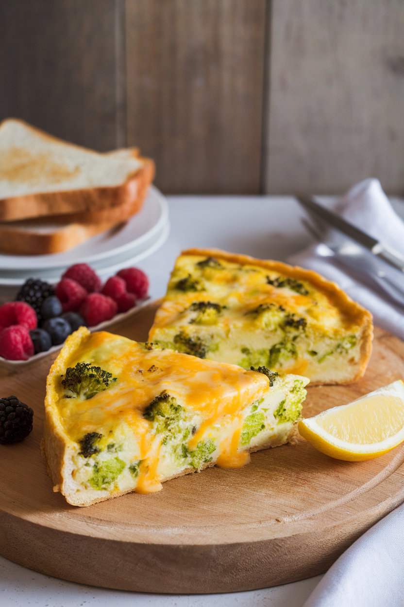 An indoor brunch table showing a sliced wedge of frittata filled with bright broccoli florets and melted sharp cheddar, resting on a wooden board. No text or logos. Photo.